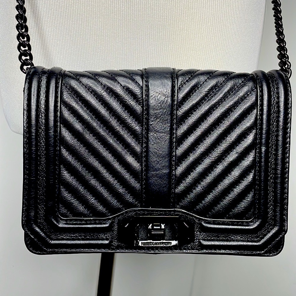 Rebecca Minkoff Black Chevron Quilted Small Love Crossbody Bag Purse Leather